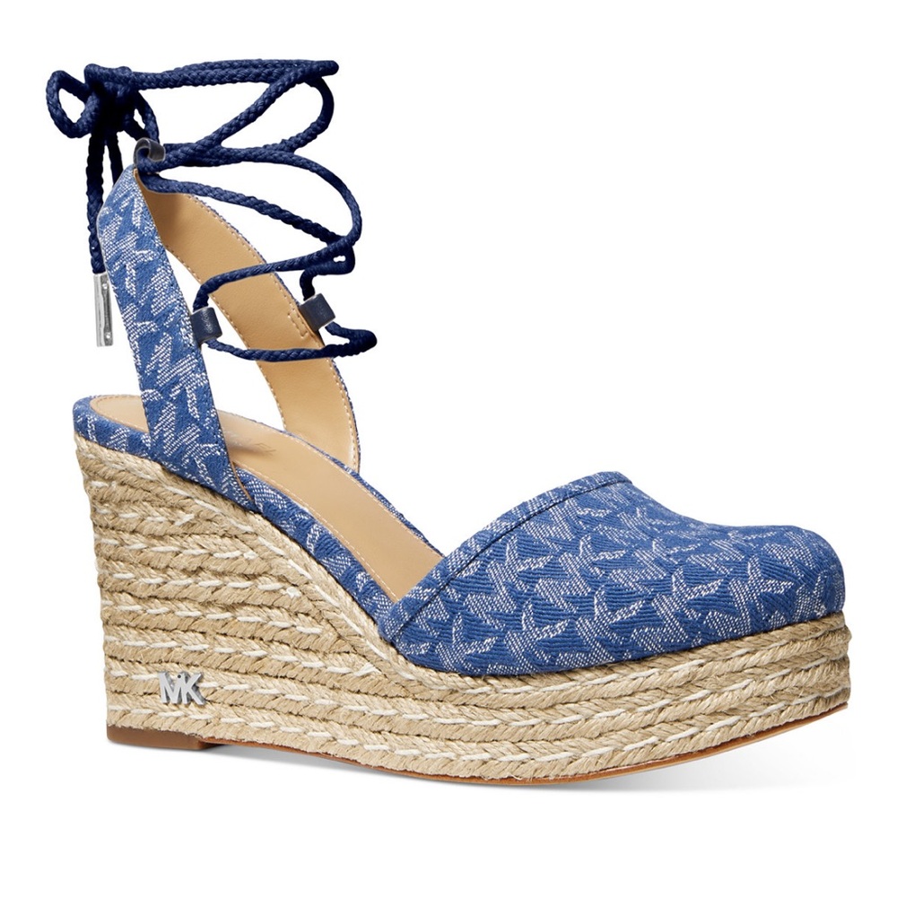 Michael Kors-Margie Denim Blue Lace-Up Espadrille Close Toe Wedge Sandal sz 9.5M